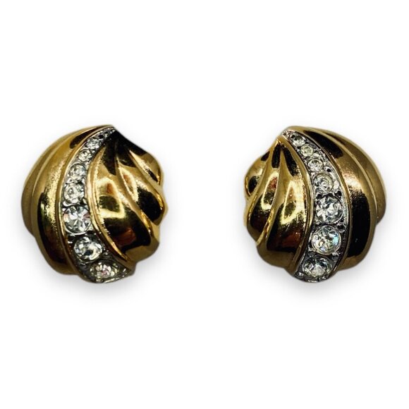 Monet Gold Tone Clam Shell Rhinestone Clip On Earrings - Picture 4 of 5